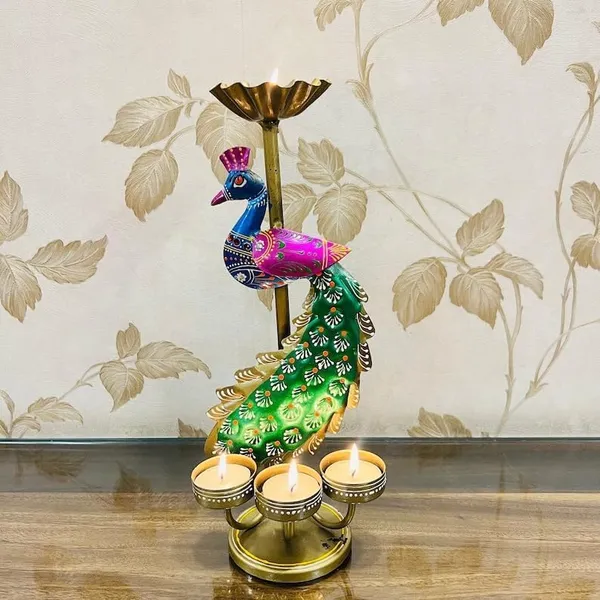 Decorative_Peacock_Tea_Light_Holder,_Metal,_3_Candle_Slots,_Multicolour