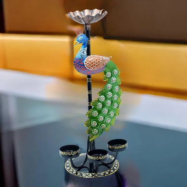 Decorative_Peacock_Tea_Light_Holder,_Metal,_3_Candle_Slots,_Multicolour
