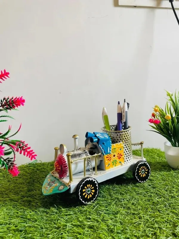 Decorative_Train_Engine_Pen_Holder,_White_Metal,_Multi-Coloured_Folk_Art_Design
