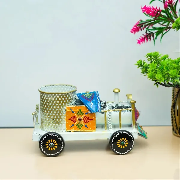 Decorative_Train_Engine_Pen_Holder,_White_Metal,_Multi-Coloured_Folk_Art_Design