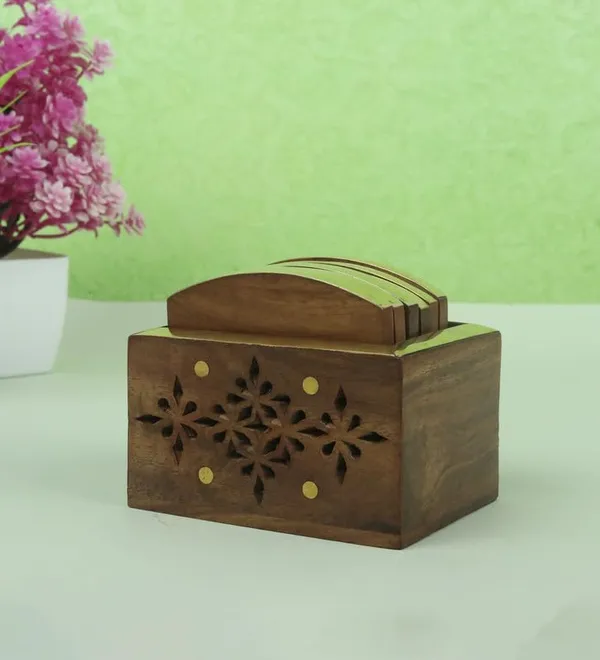 Wooden_Drink_Coaster_Set_with_Brass_Inlay_and_Decorative_Holder,_Carved_Snowflake_Design