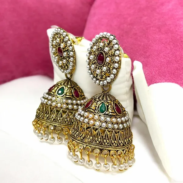 Multicolour_Traditional_Antique_Gold_Plated_Pearl_Studded_Jhumki_Earrings_For_Women