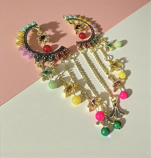 Multicolour_Traditional_Half_Moon_Chandbali_Earrings_For_Women_With_Long_Jhumki_Chains