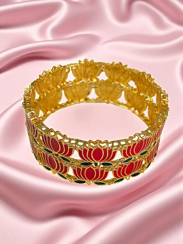 Pink_Lotus_Design_Gold-Plated_Enamel_Bangles_For_Women