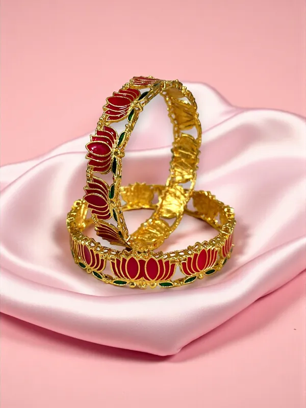 Pink_Lotus_Design_Gold-Plated_Enamel_Bangles_For_Women