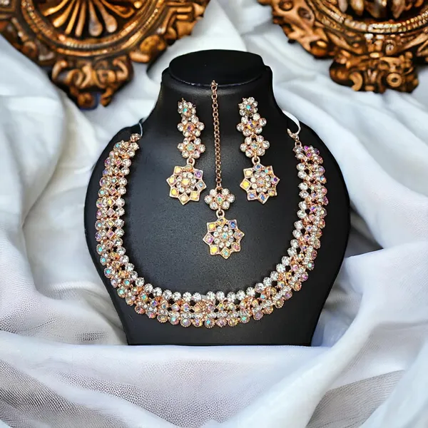 Multicolour_Delight_Rose_Gold_Plated_Rainbow_Stone_Collar_Bone_Necklace_Set_With_Earring_And_Maangtika