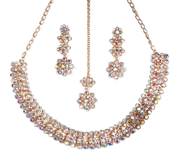 Multicolour_Delight_Rose_Gold_Plated_Rainbow_Stone_Collar_Bone_Necklace_Set_With_Earring_And_Maangtika