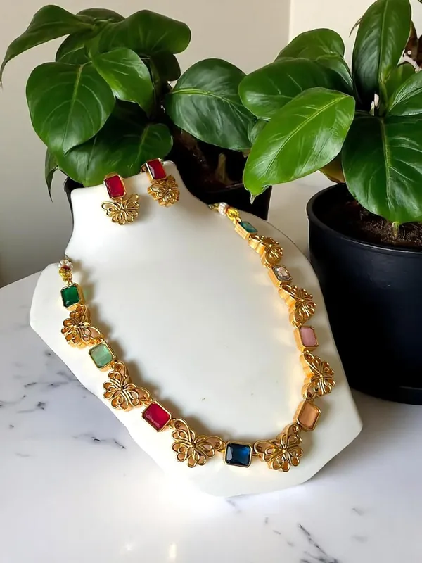 Multicolour_Butterfly_Design_Gold-Plated_Necklace_Set_with_Earrings