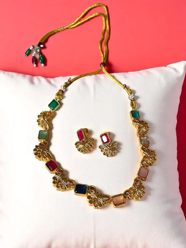 Multicolour_Butterfly_Design_Gold-Plated_Necklace_Set_with_Earrings