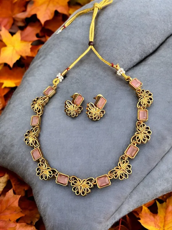 Pink_Butterfly_Design_Gold-Plated_Necklace_Set_With_Earrings