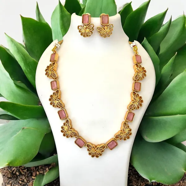 Pink_Butterfly_Design_Gold-Plated_Necklace_Set_With_Earrings