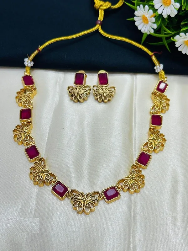 Red_Butterfly_Design_Gold-Plated_Necklace_Set_With_Earrings