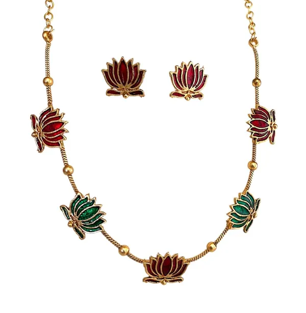 Multicolour_Traditional_Lotus_Floral_Design_Chain_Jewellery_Set_for_Women_&_Girls