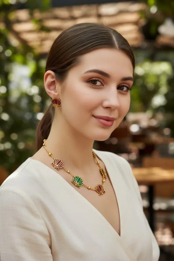 Multicolour_Traditional_Lotus_Floral_Design_Chain_Jewellery_Set_for_Women_&_Girls