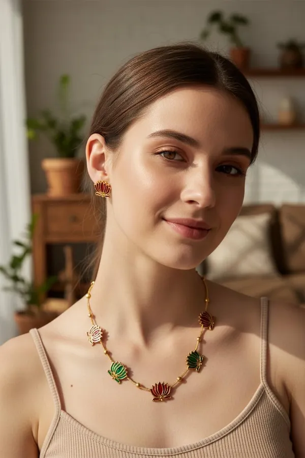 Multicolour_Traditional_Lotus_Floral_Design_Chain_Jewellery_Set_for_Women_&_Girls