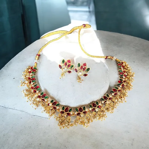 Multicolour_Latest_Lotus_Design_Floral_Pearl_Choker_Necklace_With_Stud_Earrings_Women