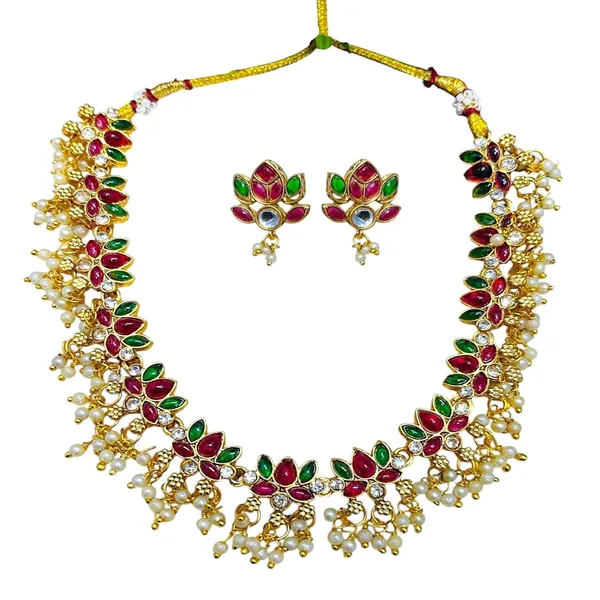 Multicolour_Latest_Lotus_Design_Floral_Pearl_Choker_Necklace_With_Stud_Earrings_Women