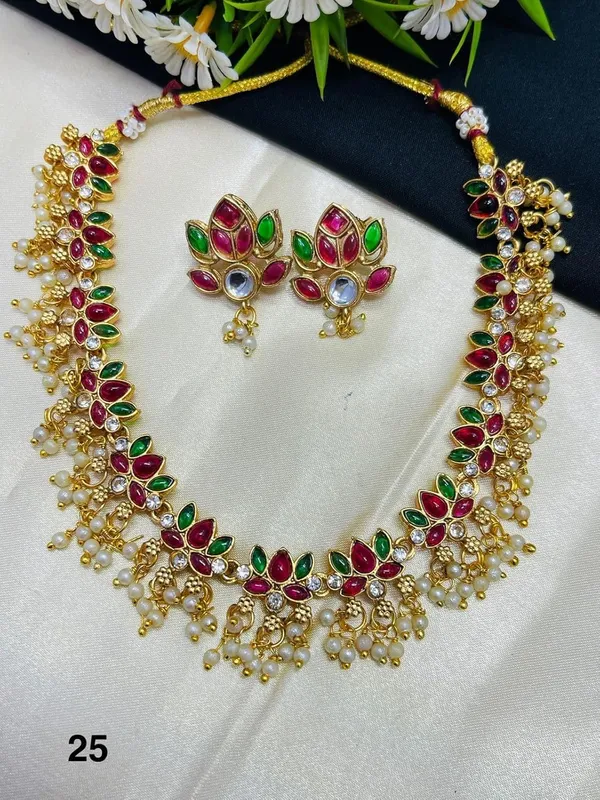 Multicolour_Latest_Lotus_Design_Floral_Pearl_Choker_Necklace_With_Stud_Earrings_Women