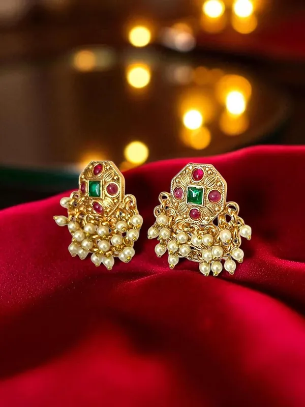 Multicolour_Traditional_Temple_Design_Gold_Plated_Pearl_Drop_Earrings_For_Women