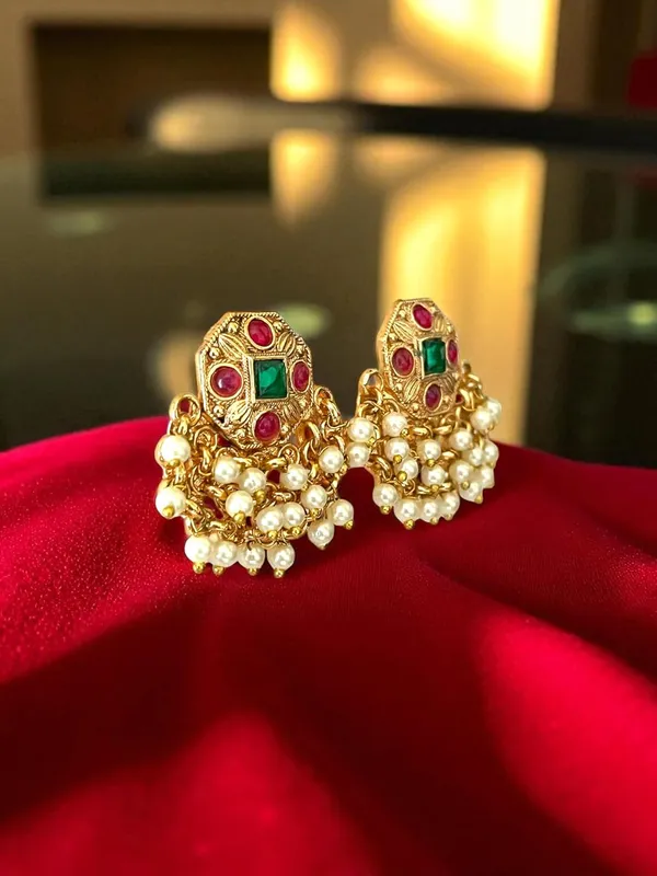 Multicolour_Traditional_Temple_Design_Gold_Plated_Pearl_Drop_Earrings_For_Women