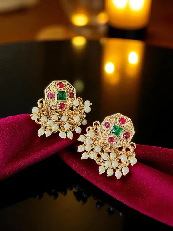 Multicolour_Traditional_Temple_Design_Gold_Plated_Pearl_Drop_Earrings_For_Women