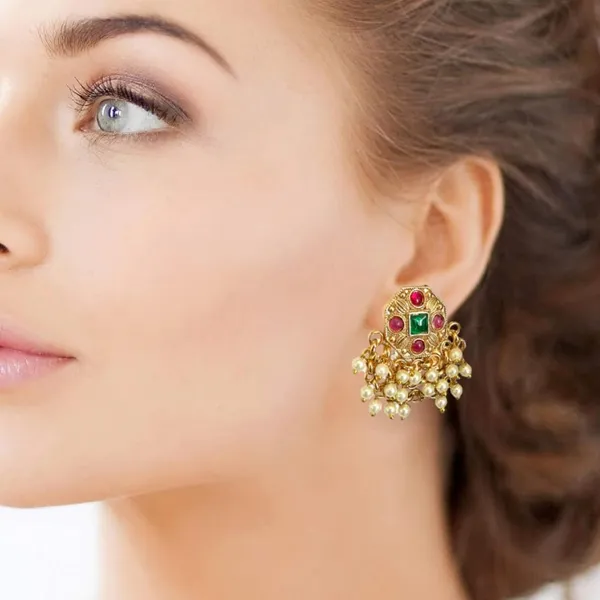 Multicolour_Traditional_Temple_Design_Gold_Plated_Pearl_Drop_Earrings_For_Women