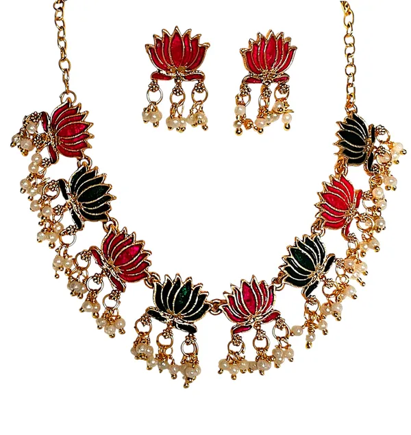 Pink_Blue_Lotus_Design_Traditional_Necklace_Set_For_Women