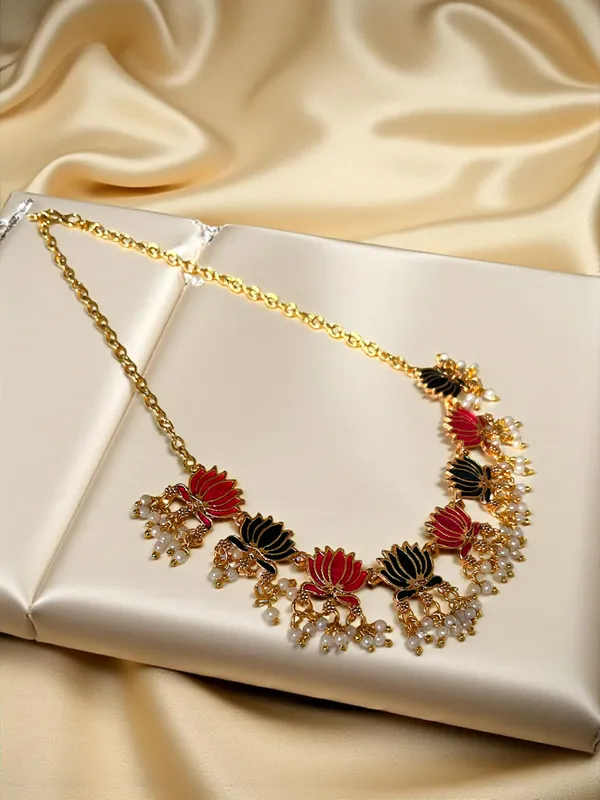 Pink_Blue_Lotus_Design_Traditional_Necklace_Set_For_Women