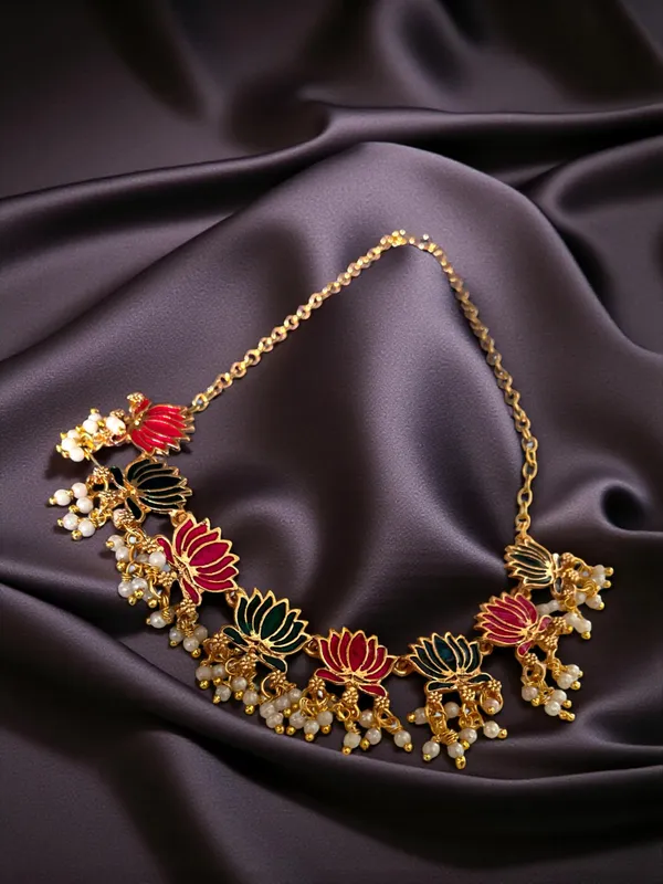 Pink_Blue_Lotus_Design_Traditional_Necklace_Set_For_Women