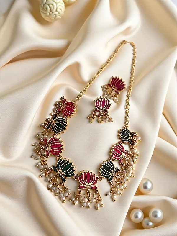Pink_Blue_Lotus_Design_Traditional_Necklace_Set_For_Women