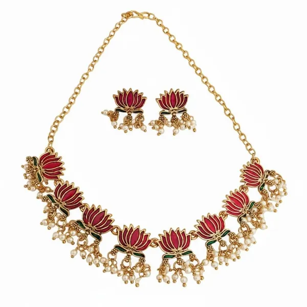 Pink_Lotus_Design_Traditional_Necklace_Set_For_Women