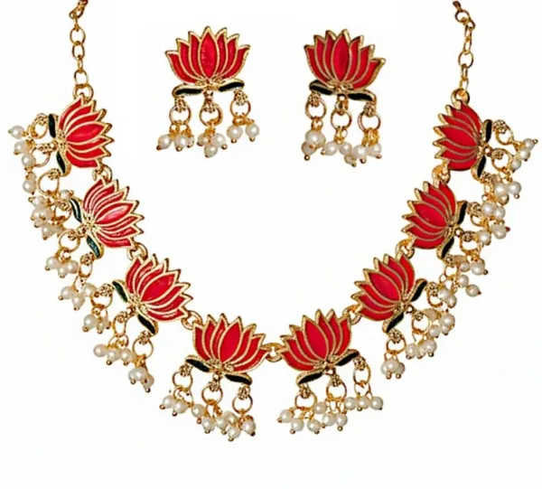 Pink_Lotus_Design_Traditional_Necklace_Set_For_Women