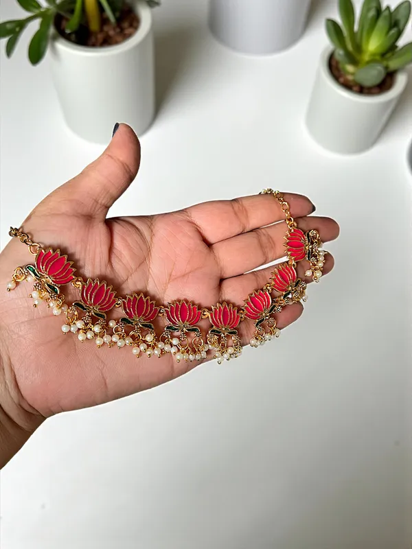 Pink_Lotus_Design_Traditional_Necklace_Set_For_Women