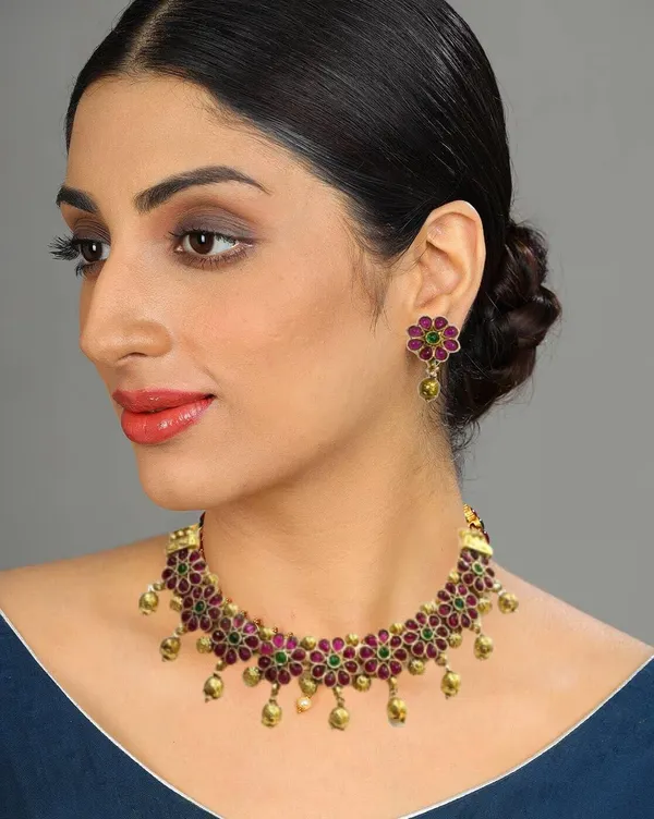 Multicolour_Fashion_Pink_Floral_Choker_Traditional_Jewellery_Set_For_Women