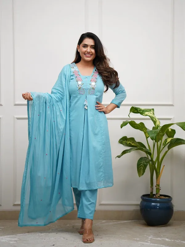 Sky_Color_Cotton_A-Line_Kurti_Pant_Dupatta_Set_For_Women