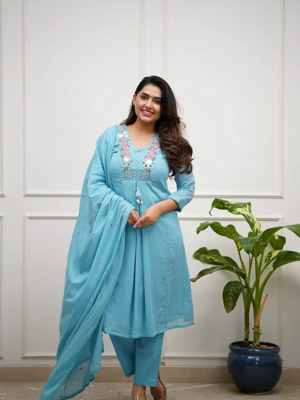 Sky_Color_Cotton_A-Line_Kurti_Pant_Dupatta_Set_For_Women