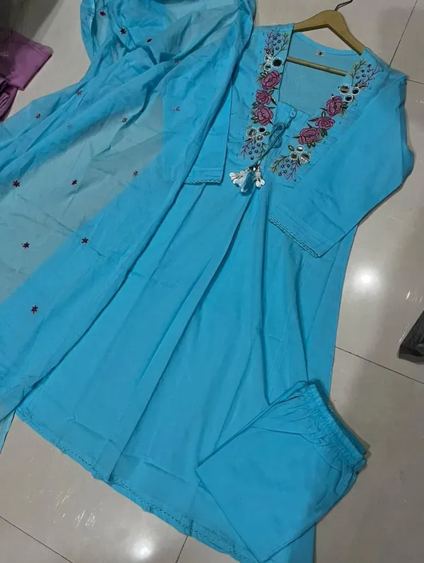 Sky_Color_Cotton_A-Line_Kurti_Pant_Dupatta_Set_For_Women