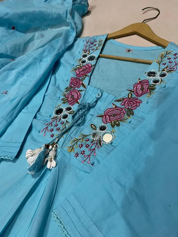 Sky_Color_Cotton_A-Line_Kurti_Pant_Dupatta_Set_For_Women