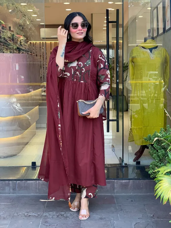 Maroon_Cotton_Anarkali_Kurti_Pant_Dupatta_Set_For_Women