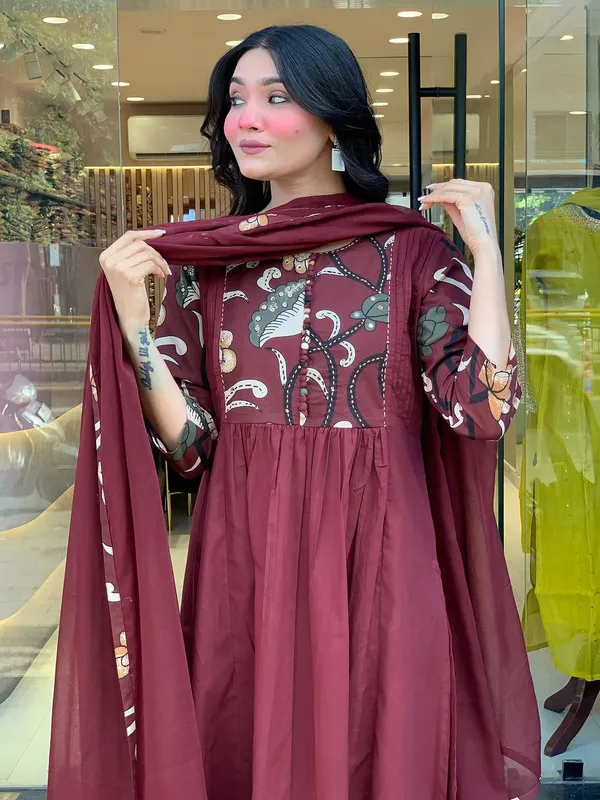 Maroon_Cotton_Anarkali_Kurti_Pant_Dupatta_Set_For_Women