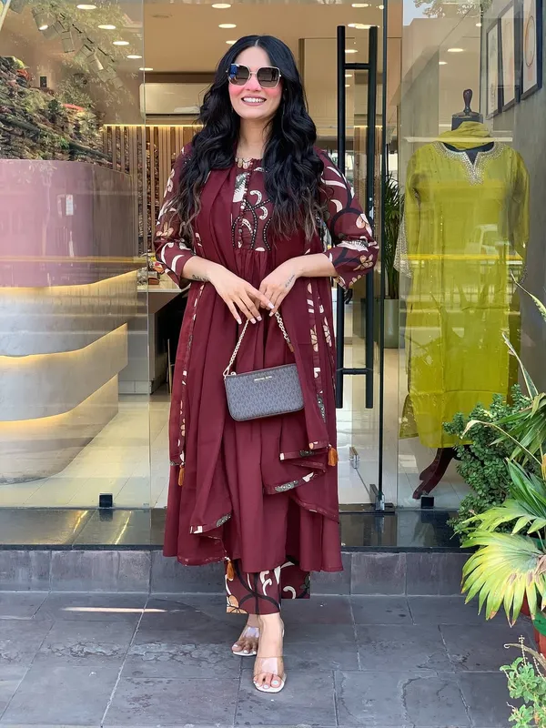 Maroon_Cotton_Anarkali_Kurti_Pant_Dupatta_Set_For_Women
