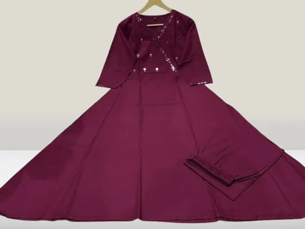 Wine_Color_Cotton_Anarkali_Kurti_Palazzo_Set_For_Women