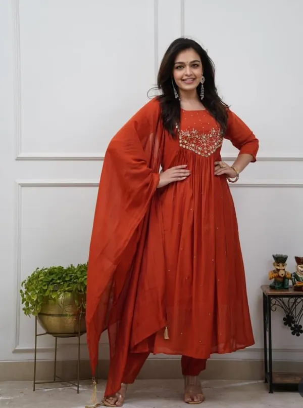 Orange_Pure_Cotton_Kurti_Pant_Dupatta_Set_For_Women
