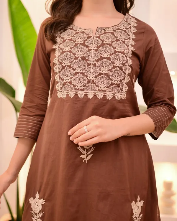 Brown_Cotton_Kurti_Pant_Dupatta_Set_For_Women