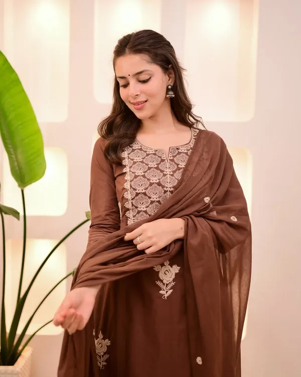 Brown_Cotton_Kurti_Pant_Dupatta_Set_For_Women