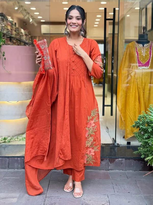Orange_Pure_Cotton_Kurti_Pant_Dupatta_Set_For_Women