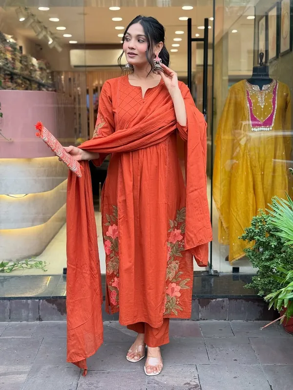 Orange_Pure_Cotton_Kurti_Pant_Dupatta_Set_For_Women