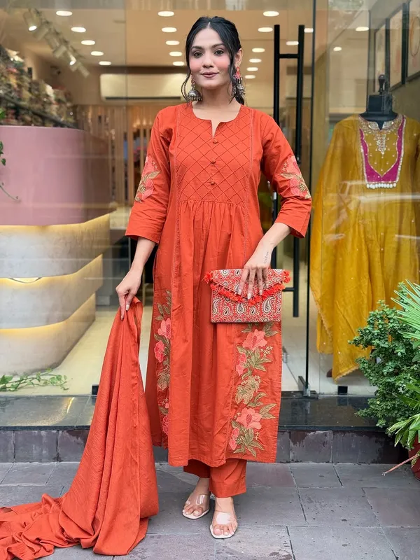Orange_Pure_Cotton_Kurti_Pant_Dupatta_Set_For_Women