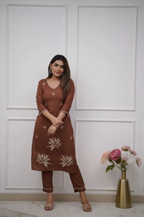 Brown_Cotton_Kurti_Pant_Set_For_Women