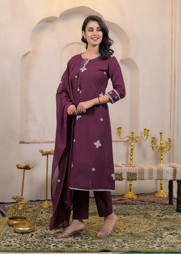 Wine_Color_Cotton_Kurti_Pant_Dupatta_Set_For_Women